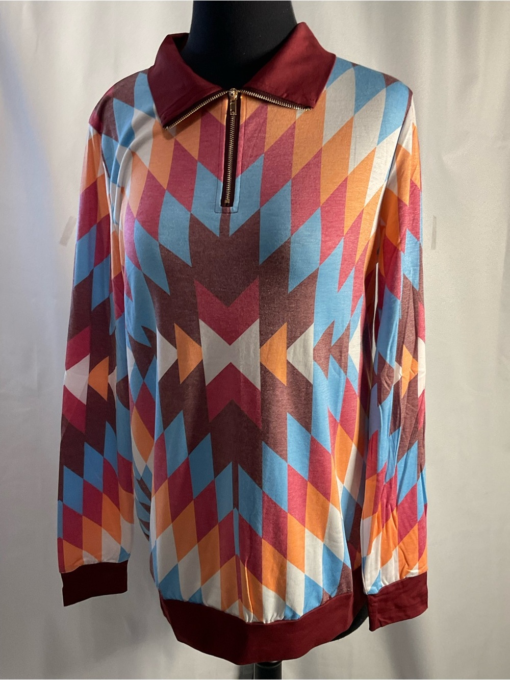 Women's Multicolor Geometric Zip-Front Blouse - Burgundy Collar Sm